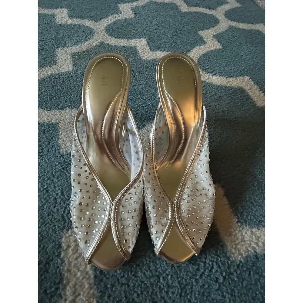 ZARA MESH MULE SANDALS IN GOLD Size 39 or US 8